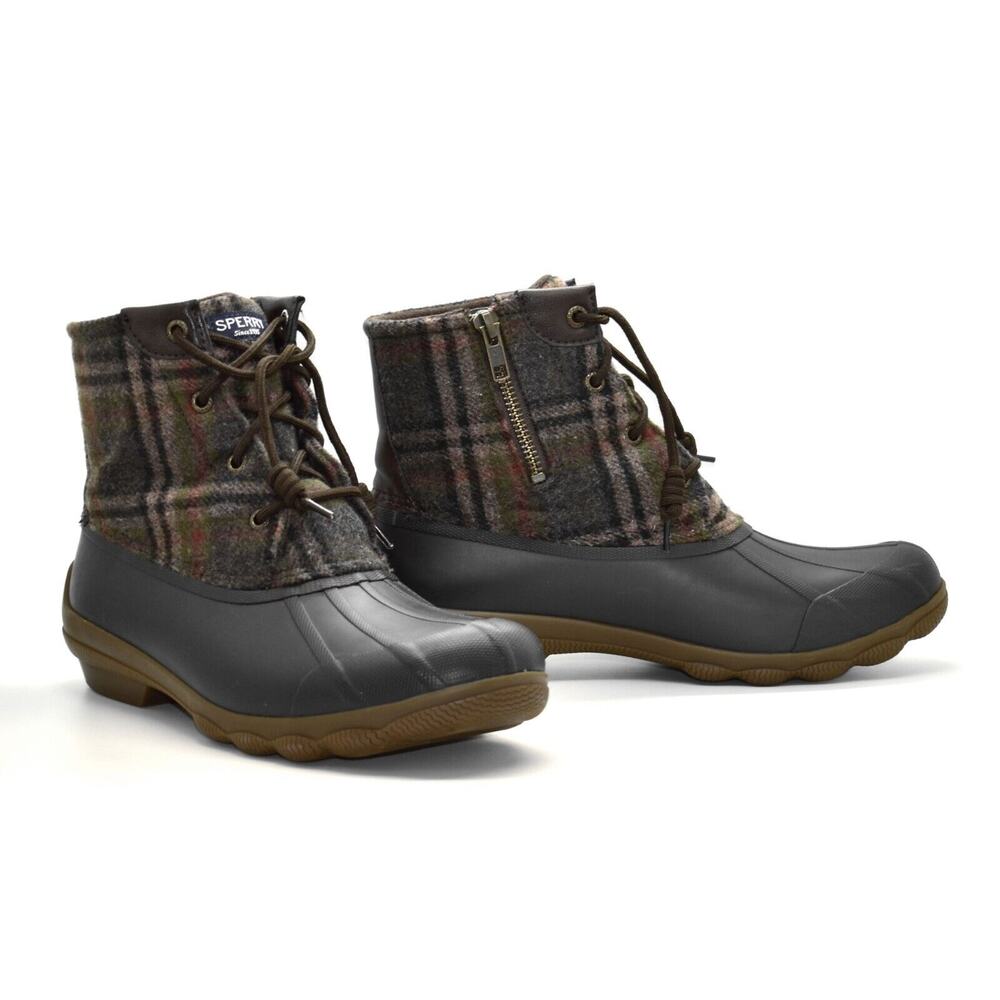B0 Auth SPERRY STS83680 Plaid Wool Brown Rubber Bottom Duck Boot Shoes Size 8